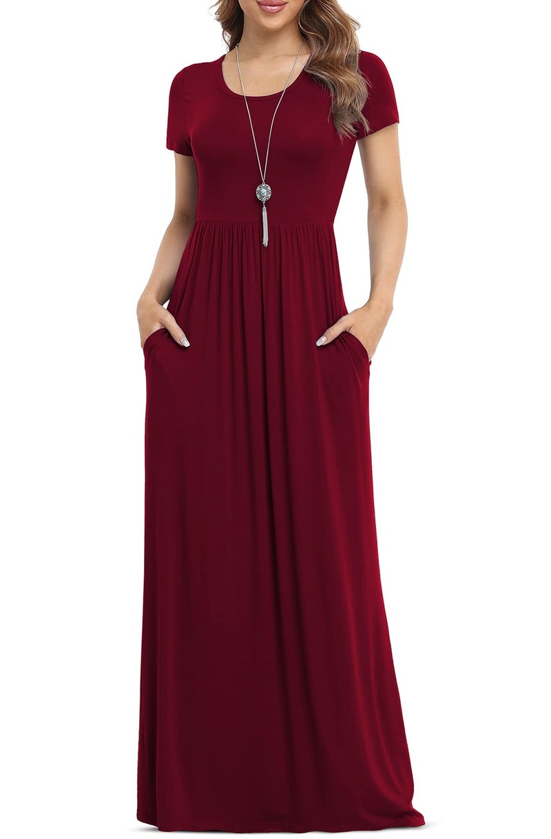 VIISHOW Women Summer Short Sleeve Loose Plain Long Maxi Casual Dress with Pockets (Wine red 3X-Large) - Image 1